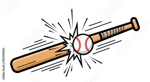 Powerful baseball bat hitting a baseball with a breaking effect and dynamic lines, isolated white background.