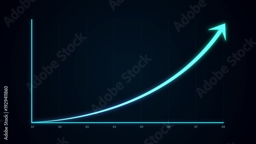 Glowing blue arrow chart with new high revenue, growth earning business success report concept, uptrend neon technology style graph raising profits market, investment price trend line animation