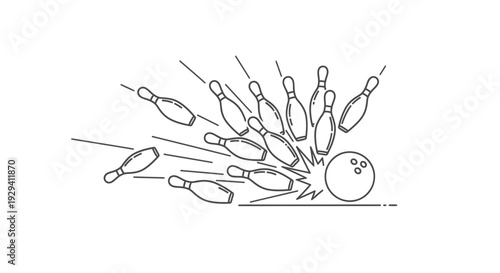 Stylized outline of a bowling ball striking and scattering bowling pins, dynamic action on isolated white background.
