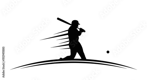 Dynamic silhouette of a male baseball player hitting a fast-moving baseball with a bat, isolated white background.