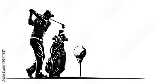Silhouette of a male golfer with golf clubs in a bag, ready to hit a golf ball on a tee, isolated white background.