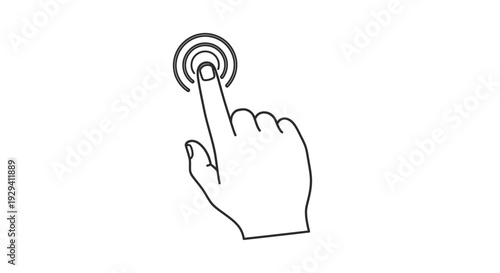 Human hand finger tapping or touching a digital screen or interface, line art on isolated white background.