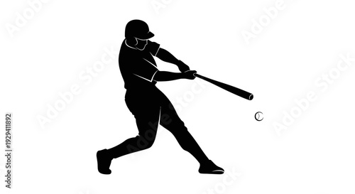 Silhouette of a powerful male baseball player hitting a baseball with a bat, isolated white background.