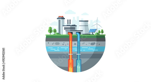 Geothermal Energy Power Plant & Renewable Sources Illustration: Sustainable Earth Heat Extraction with Solar Panels, Wind Turbine for Clean Electricity