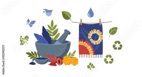 Natural Dyeing Process Illustration with Organic Pigments, Sustainable Textiles, and Eco-Conscious Craft