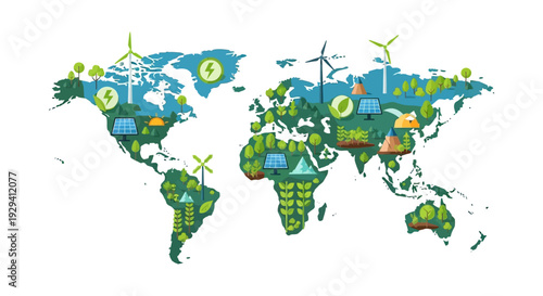 Global Renewable Energy and Sustainable Environment Map Illustration