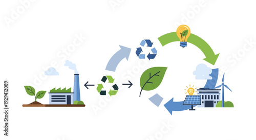 Sustainable Circular Economy Cycle: Green Energy, Recycling, and Eco-Friendly Production Process Illustration