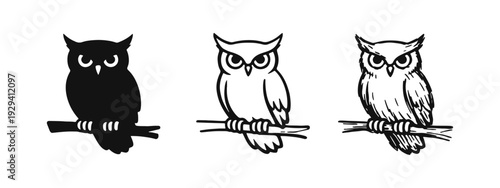 Wise Owl on Branch Icon Set in Solid, Outline, and Sketch Styles