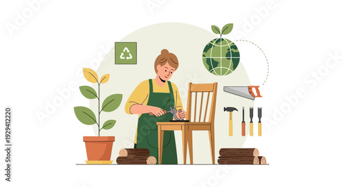 Woman Repairing Wooden Chair: Sustainable Woodworking, Recycling, and Eco-Friendly Craftsmanship