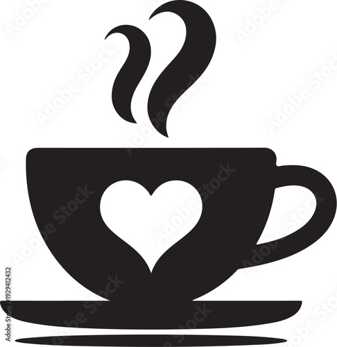 Black coffee cup with heart cutout on saucer steam