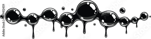 Black liquid bubbles splash banner, glossy oil drops flowing abstract design isolated on white background vector illustration