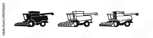 Combine Harvester Icons Set: Silhouette, Outline, and Hand-Drawn Styles for Agriculture and Farming Machinery