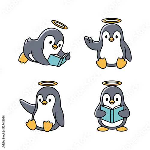 Cute cartoon penguins reading books with halos in a set of four illustrations
