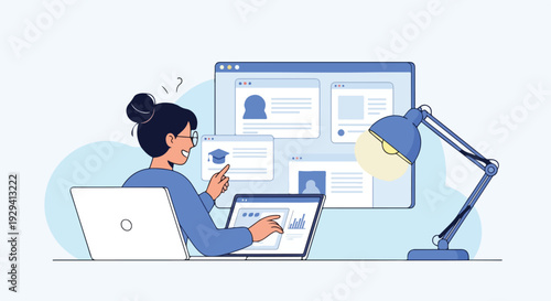 Female professional efficiently working remotely with multiple screens, managing digital content, profiles, and data in a modern online environment.