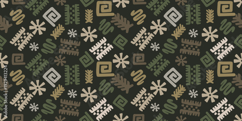 Abstract geometric elements in neo folk style in gray, green and beige shades on dark background. Seamless repeating vector pattern for textile, fabric and modern surface design.