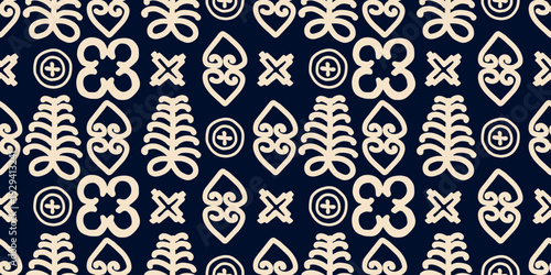 Stylized white abstract decorative elements in neo folk style on dark background. Seamless repeating vector pattern for textile printing, fabric and minimalist surface decor.