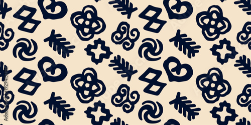 Various blue decorative elements in neo folk style on white background. Seamless repeating vector pattern for textile print, fabric, packaging and surface design.