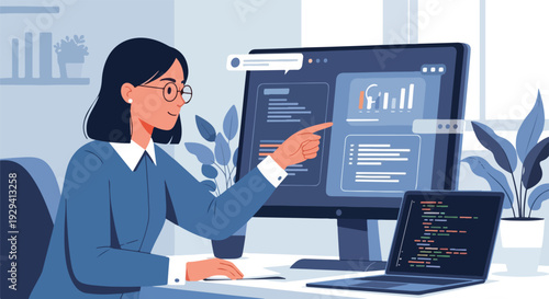 Female programmer working on software development and data analysis, pointing at charts on a computer screen with code on a laptop.