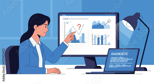 Businesswoman analyzing complex data visualizations and charts on a large computer monitor, reviewing diagnostic reports for strategic insights and problem-solving.
