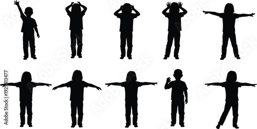 Children silhouette set, kids standing and posing collection, black isolated vector illustration of child gestures and body language