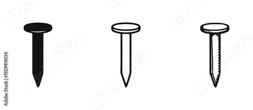 Nail Icons Set: Silhouette, Outline, and Hand-Drawn Styles for Building and Fastening