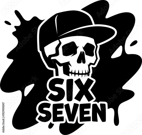 Six Seven skull wearing baseball cap with paint splatter graffiti style black and white street art urban logo illustration design
