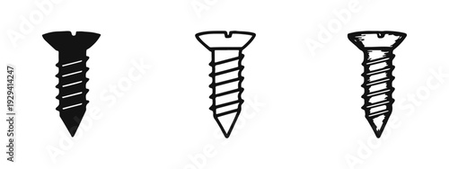 Wood Screws Icons Set. Hand Drawn Flat Head Screw Outline and Solid Glyph Style Vector Illustration. Fastener Elements.