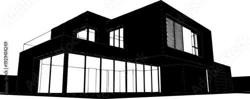 Modern minimalist villa architecture outline, futuristic geometric house exterior in dark blue linear vector illustration.