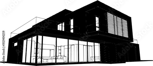 Modern minimalist villa architecture outline, futuristic geometric house exterior in dark blue linear vector illustration.