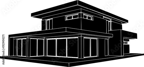 Modern minimalist villa architecture outline, futuristic geometric house exterior in dark blue linear vector illustration.