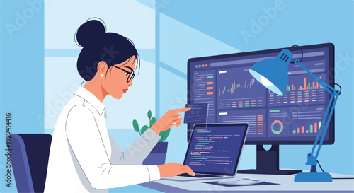 Professional woman analyzing complex data and programming code on multiple screens in a modern office, illustrating technology, business, and remote work.