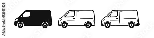 Delivery Van Icons Set. Hand Drawn Cargo Service Transport Outline and Solid Glyph Style Vector Illustration.