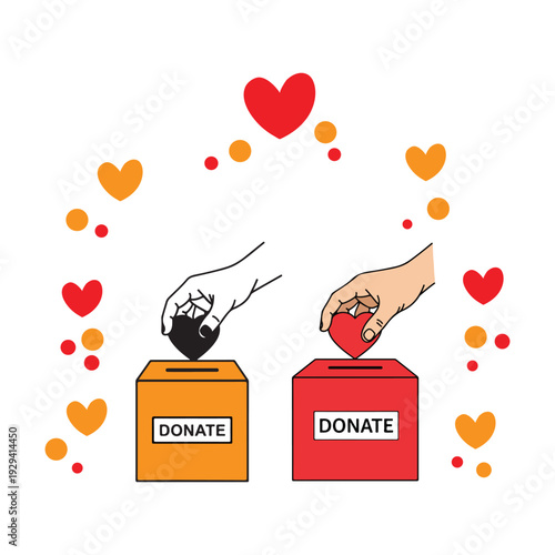 Community donation food drive vector illustration with food boxes and charity support on white background.