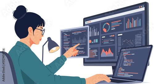 Young woman developer working with data analytics and coding on laptop and multiple monitors, illustrating modern software engineering and tech work.