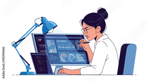 Focused female professional analyzing complex data and code on multiple computer screens. A dedicated programmer or data analyst immersed in her tech work.
