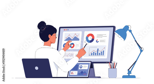 Young businesswoman analyzing financial data and business reports on multiple screens, working remotely from home office setup with laptop and tablet.