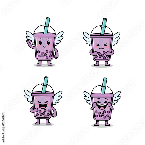 Cartoon bubble tea characters with different emotions and wings on white background