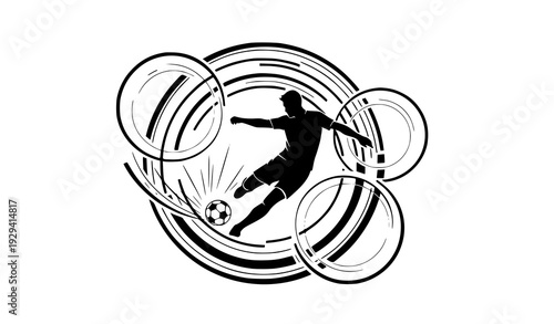 Dynamic Soccer Athlete Kicking Ball Circular Frame Silhouette Vector Illustration