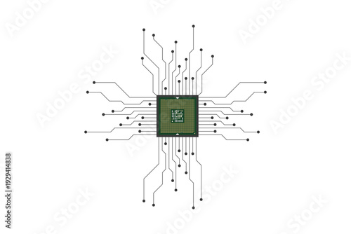 Abstract electronic circuit with a central processing unit and multiple lines extending outwards, symbolizing connectivity and computing.