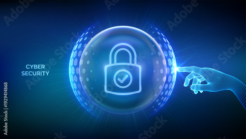 Cyber security concept. Network safety. Hand touching transparent protection sphere shield with hexagon pattern with Padlock and Check mark icon inside. Information privacy. Vector Illustration.