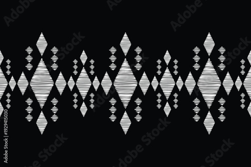 Ikat pattern with black background ethnic tribal embroidery motif in tribal,motif,embroidery,fabric.