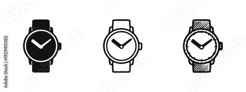 Wristwatch Icon Set: Classic Timepiece Symbols in Solid, Outline, and Hand-Drawn Styles for Fashion and Time