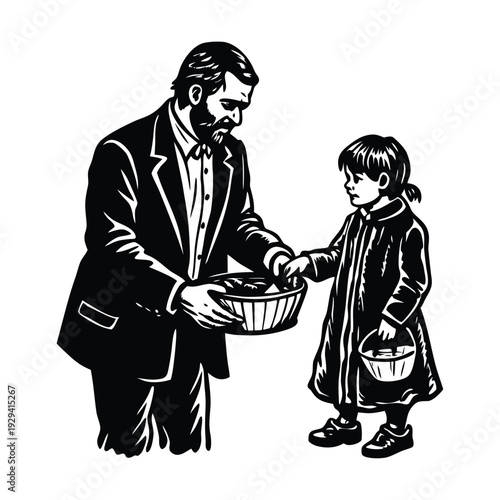 Black and white vector illustration of a man and a child with baskets