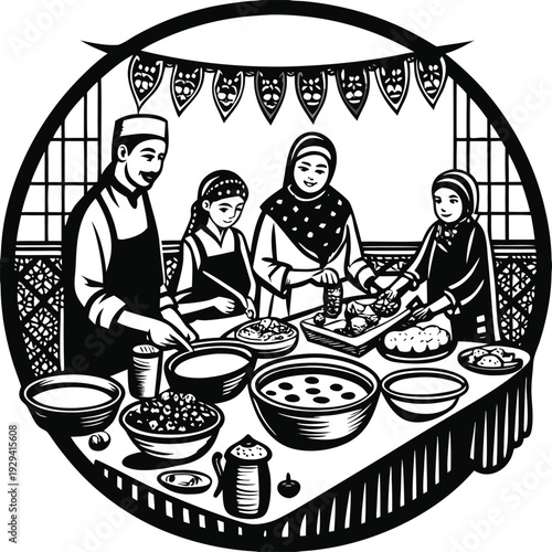 Vector illustration of family cooking together