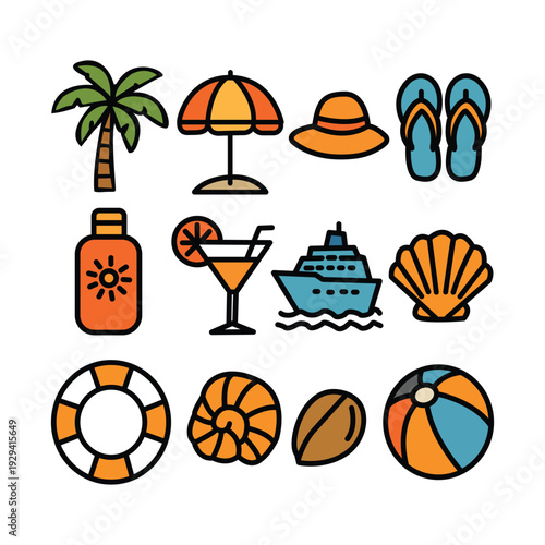 Summer Beach Icon Set Vector Illustration with Palm Tree, Umbrella, Flip-Flops, Cocktail, and Cruise Ship