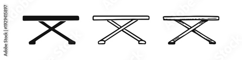 Ironing Board Icon Set: Folding Table in Solid, Outline, and Hand-Drawn Styles for Laundry and Home Use