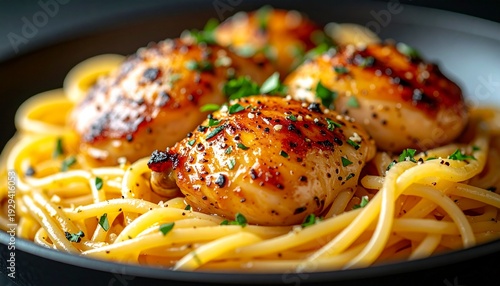 Delicious chicken thighs on spaghetti with herbs and spices