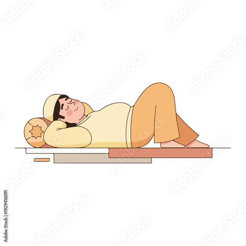 A man is sleeping peacefully on a bed in a serene environment illustration