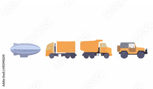 Transport Vector Icon Set Zeppelin Truck Lorry Jeep Flat Minimal Illustration