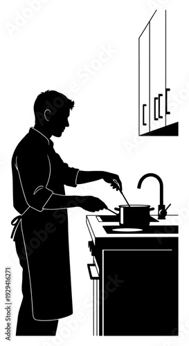 Silhouette of a man wearing an apron, stirring a pot in a kitchen with a sink and cabinets.